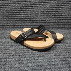 Clarks Sandals Womens 9.5 Black Brynn Madi Flat Thong Black Leather Strap Buckle